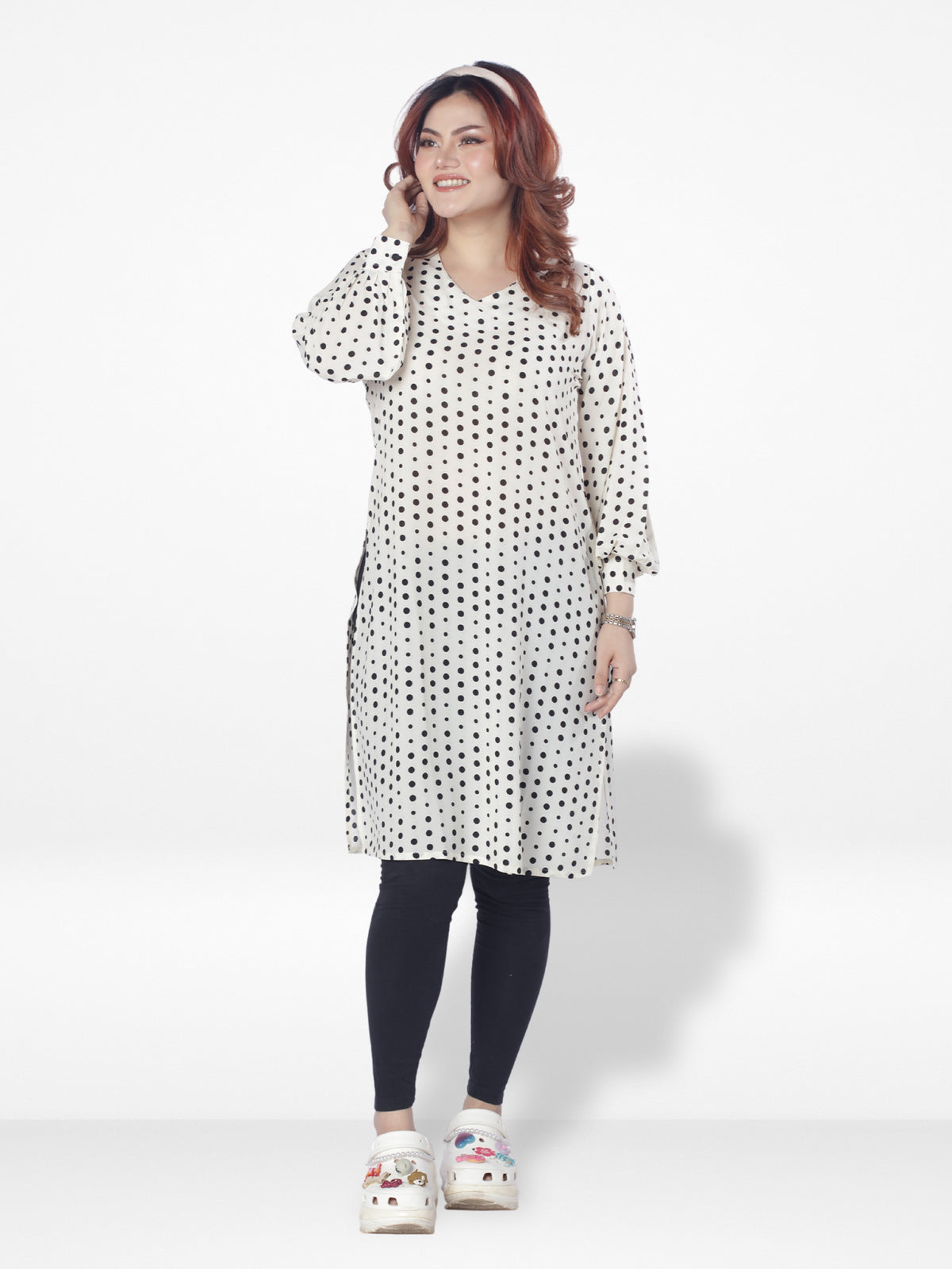 Women All Over Black Dot Print Full Sleeve Long Top| Beige