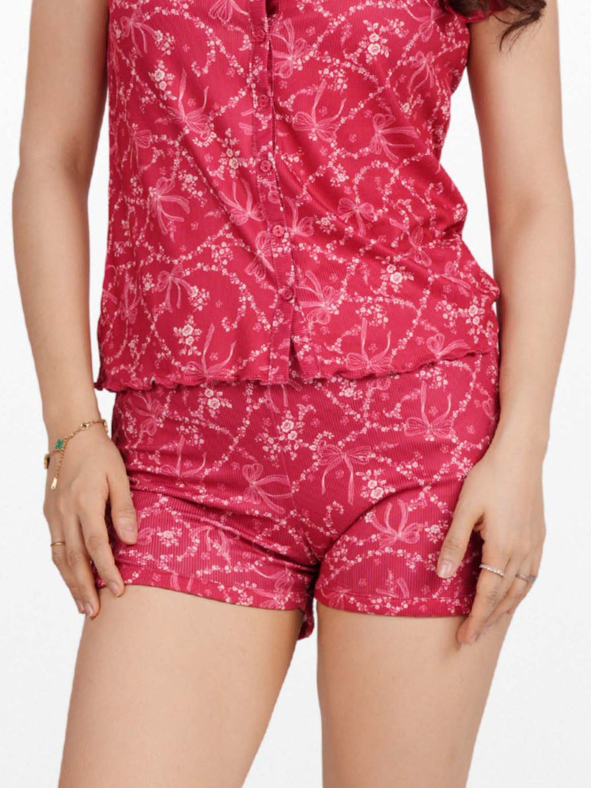 Women’s Printed Pajama Shorts | Soft & Stretchy Sleepwear Shorts | Elastic Waist Lounge Shorts | Yummy Rib Fabric - Crimson