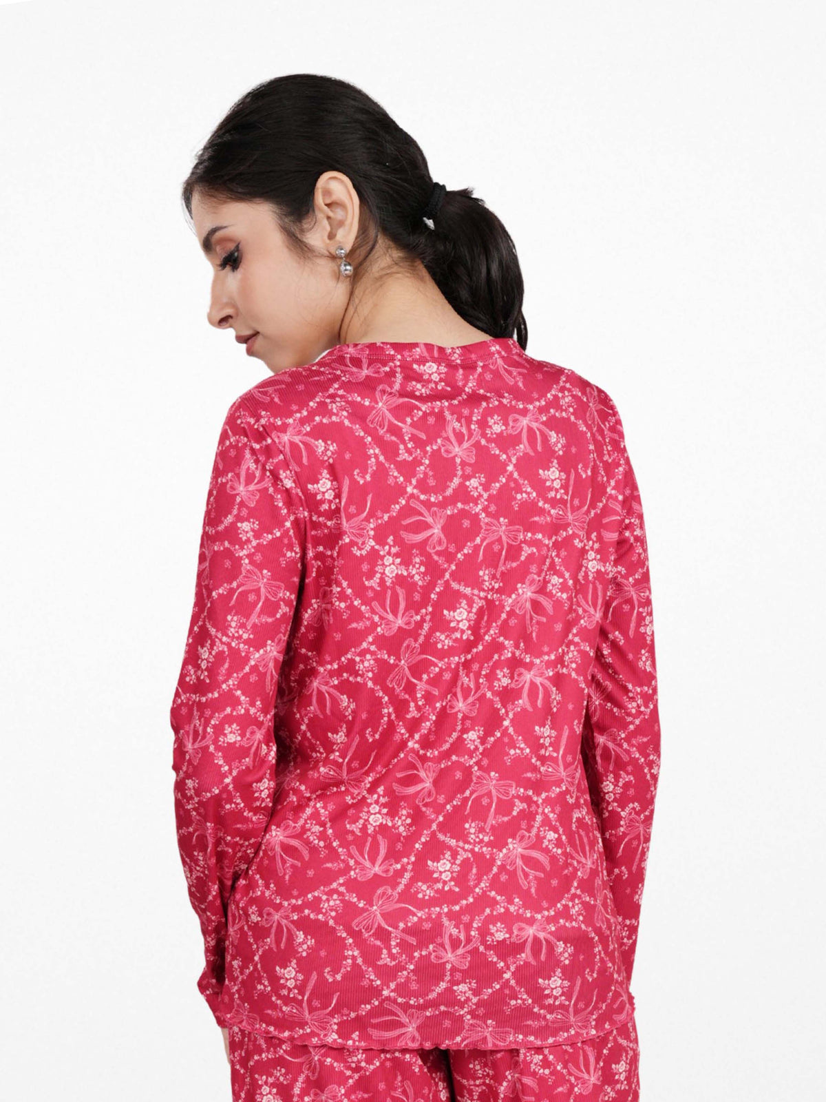 Women's Henley Long Sleeve Printed Top – Soft & Stretchy Rib Knit Casual T-Shirt
