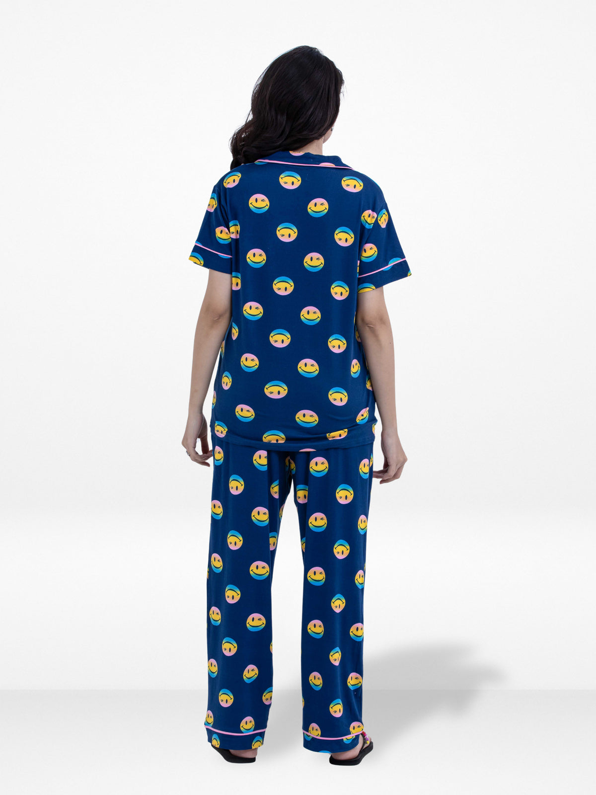 Women Blue Smiley Face Printed Pyjama Set,Night wear Dress Women's Aop Printed Night Suit Set Shirt & Pyjama | Soft Nightwear Dress, 2 Piece Sleepwear for Women,