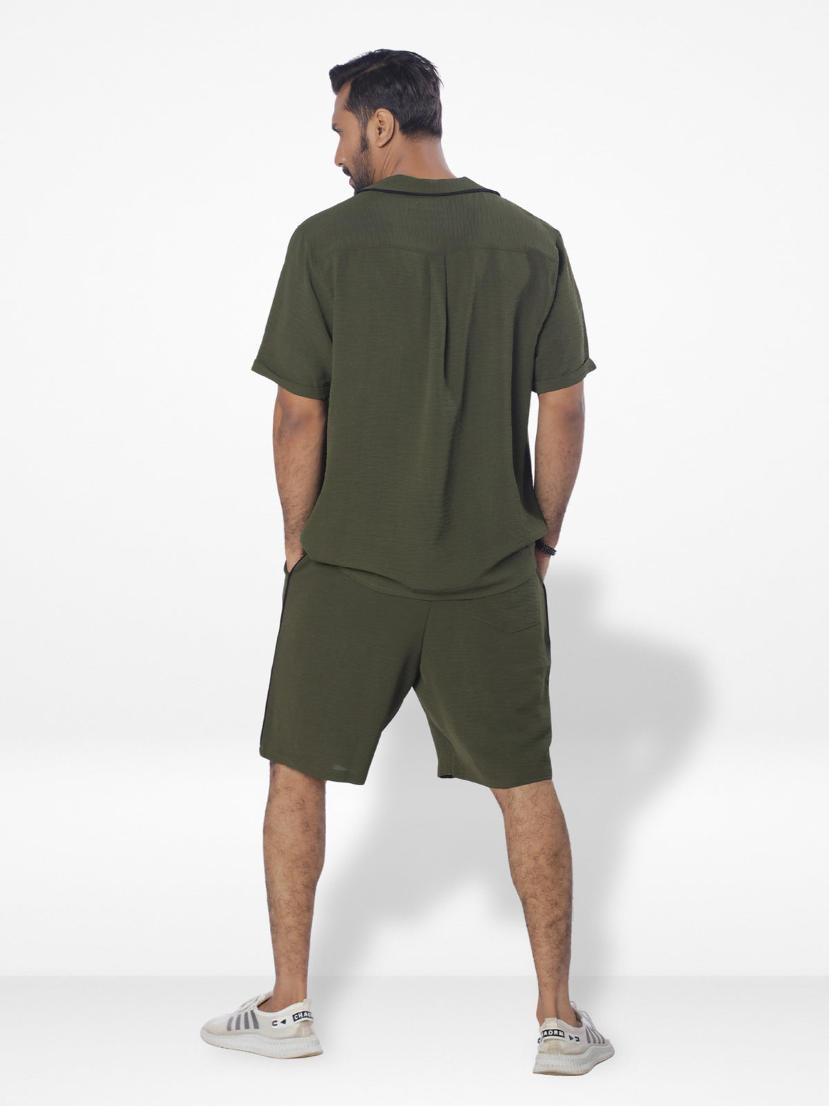 Men's Casual Short Sleeve Button Down Shirt Short Pant Set | Olive