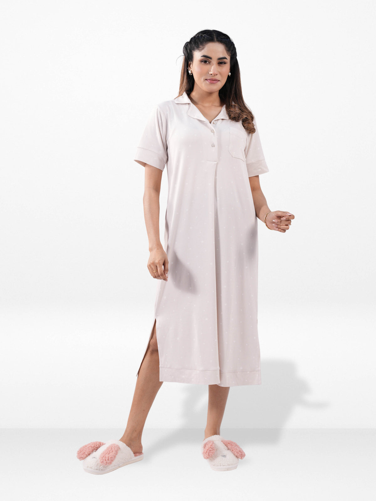 Women’s Notch Collar Long Top – Short Sleeve Casual Tunic | Stylish Everyday Wear Blouse