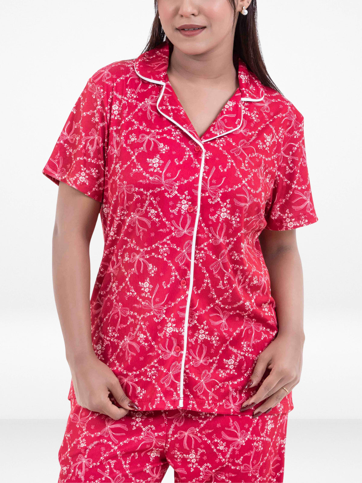 3pcs Women Satin Pajama Set. Contrast Piping, Notch Collar & Button Down.