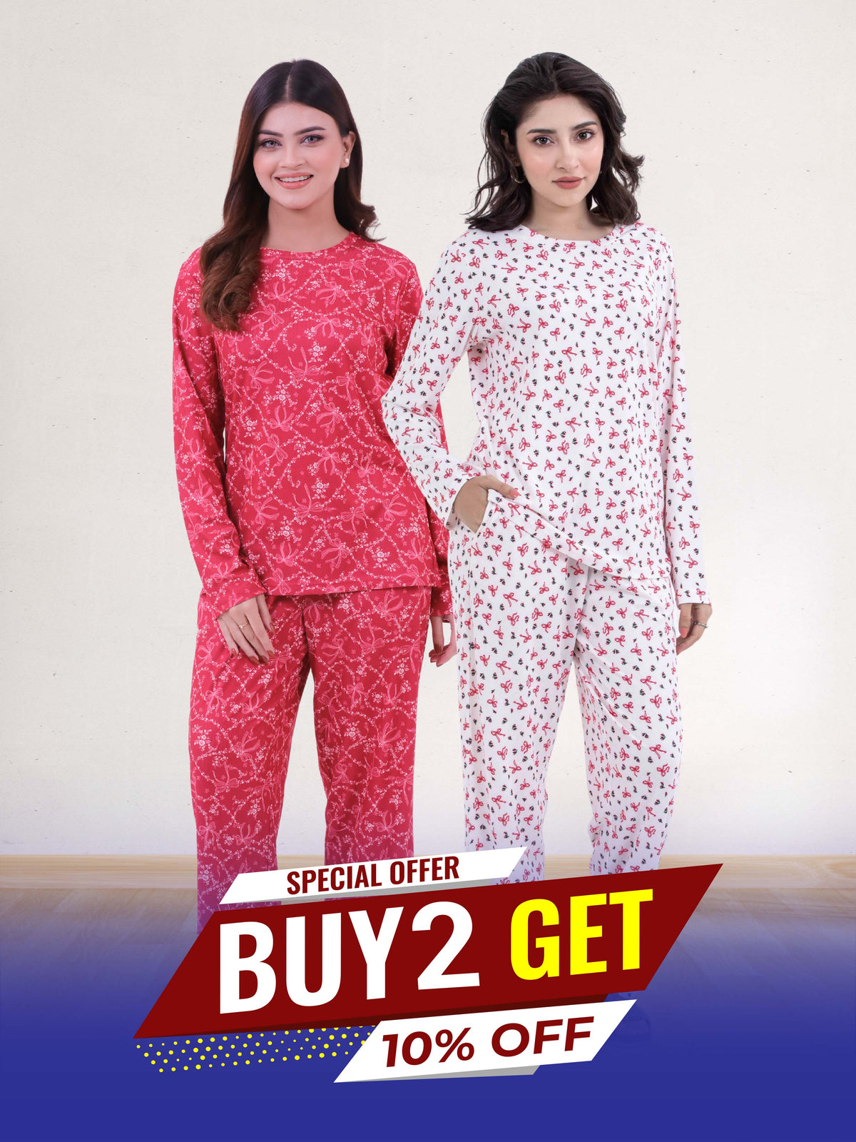 Women's Crew Neck Collar Sleepwear Set Long- Sleeve All Over Print Pajama Top & Shorts | Soft, Comfortable Nightwear