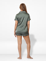 3pcs Women Satin Pajama Set. Contrast Piping, Notch Collar & Button Down.