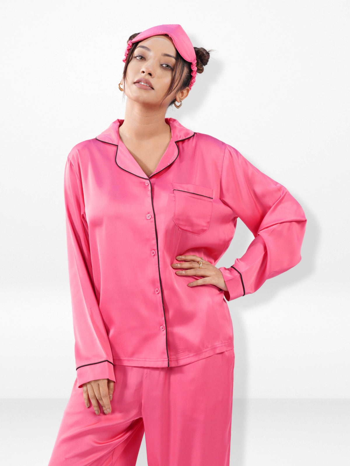 Satin Pajama Set for Women - Contrast Piping, Notch Collar, Button Down, Long Sleeve Long Pant