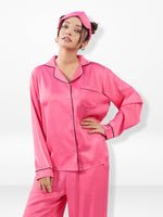 Satin Pajama Set for Women - Contrast Piping, Notch Collar, Button Down, Long Sleeve Long Pant