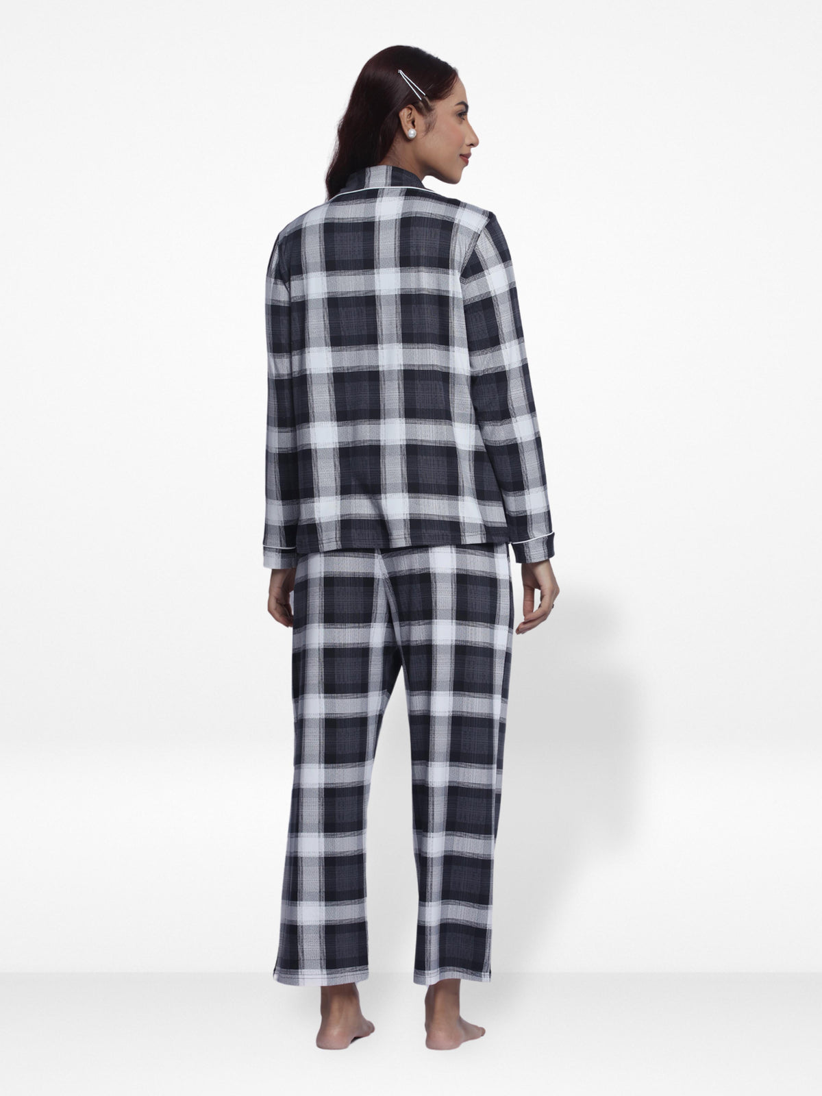 Women Sleepwear Long Sleeve Pyjama Set White Check