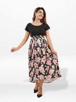 Women's Black Floral Cap Sleeve Midi Dress – Elegant Casual Summer Dress