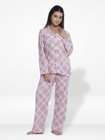 Women Micro Polar Fleece light pink check print Sleepwear Long Sleeve Pyjama Set