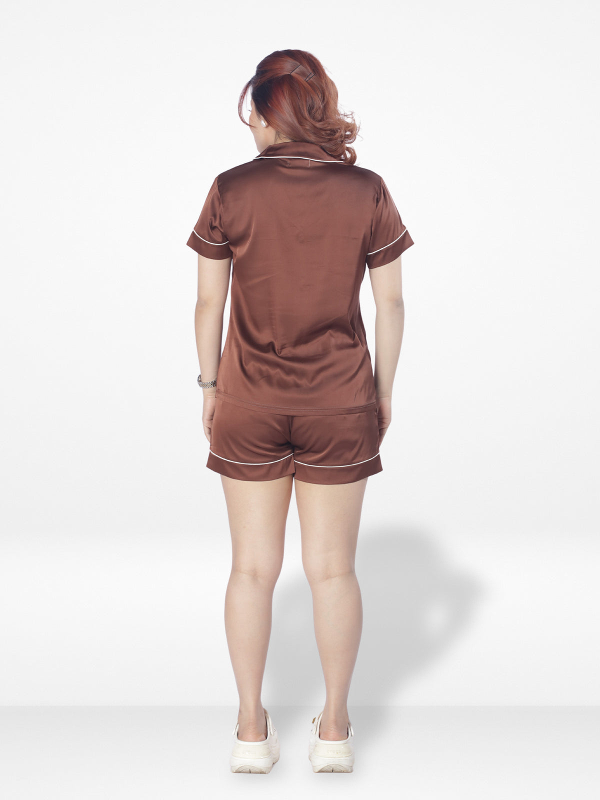 3pcs Women Satin Pajama Set. Contrast Piping, Notch Collar & Button Down.