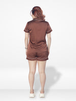 3pcs Women Satin Pajama Set. Contrast Piping, Notch Collar & Button Down.