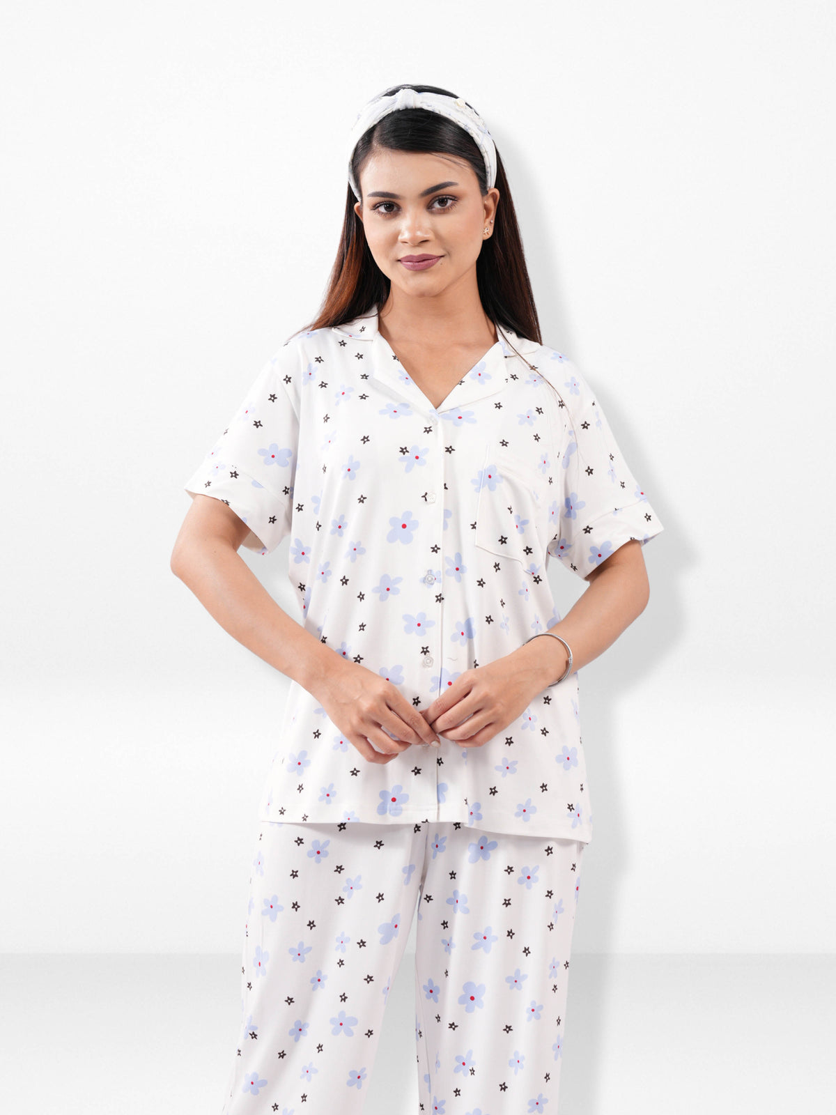 Women All Over Printed Night Suit Set of Shirt & Pyjama, Night wear Dress