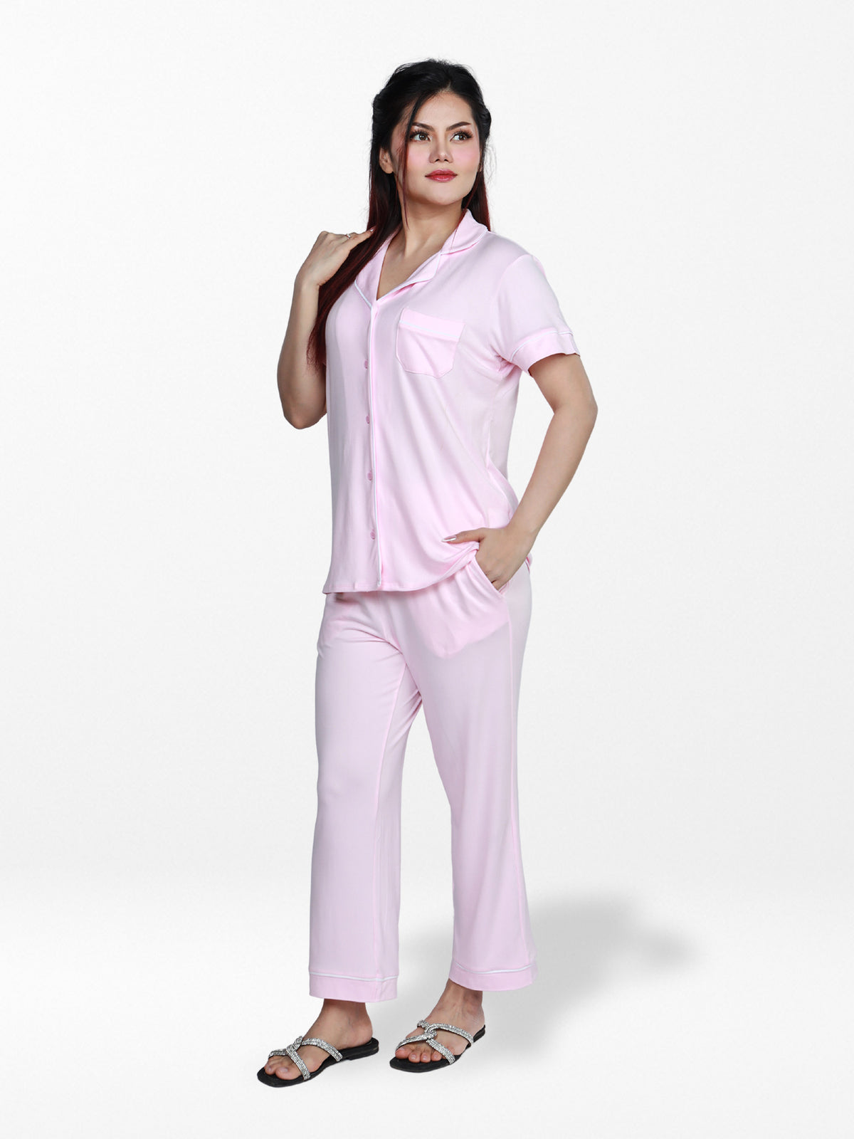 Women Solid Night Suit Set of Shirt & Pyjama, Night wear DressWomen’s Printed Night Suit Set – Shirt & Pyjama | Soft Nightwear Dress, 2 Piece Sleepwear for Women, Comfortable Loungewear