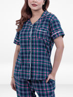 Women Green Plaid Printed Suit Shirt & Pyjama Set , Night wear Dress Women's Check Printed Night Suit Set Shirt & Pyjama | Soft Nightwear Dress, 2 Piece Sleepwear for Women,