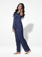 Satin Pajama Set for Women - Contrast Piping, Notch Collar, Button Down, Short Sleeve ; Long Pant