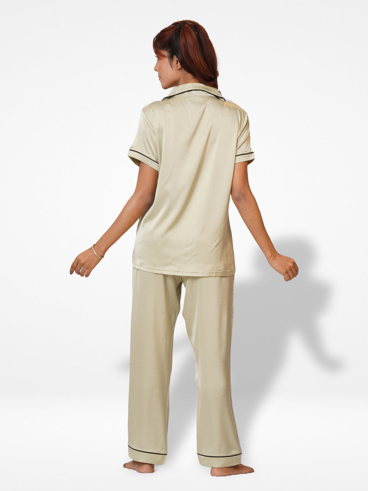 Satin Pajama Set for Women - Contrast Piping, Notch Collar, Button Down, Short Sleeve & Long Pant