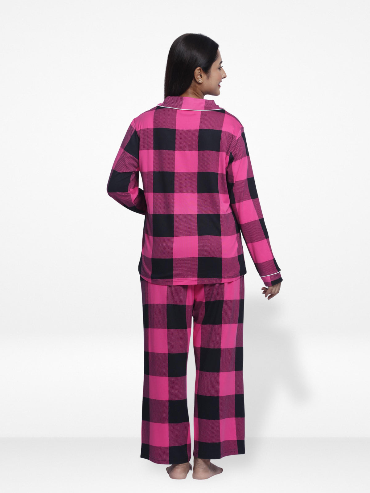 Women Sleepwear Long Sleeve Pyjama Set Wine Check