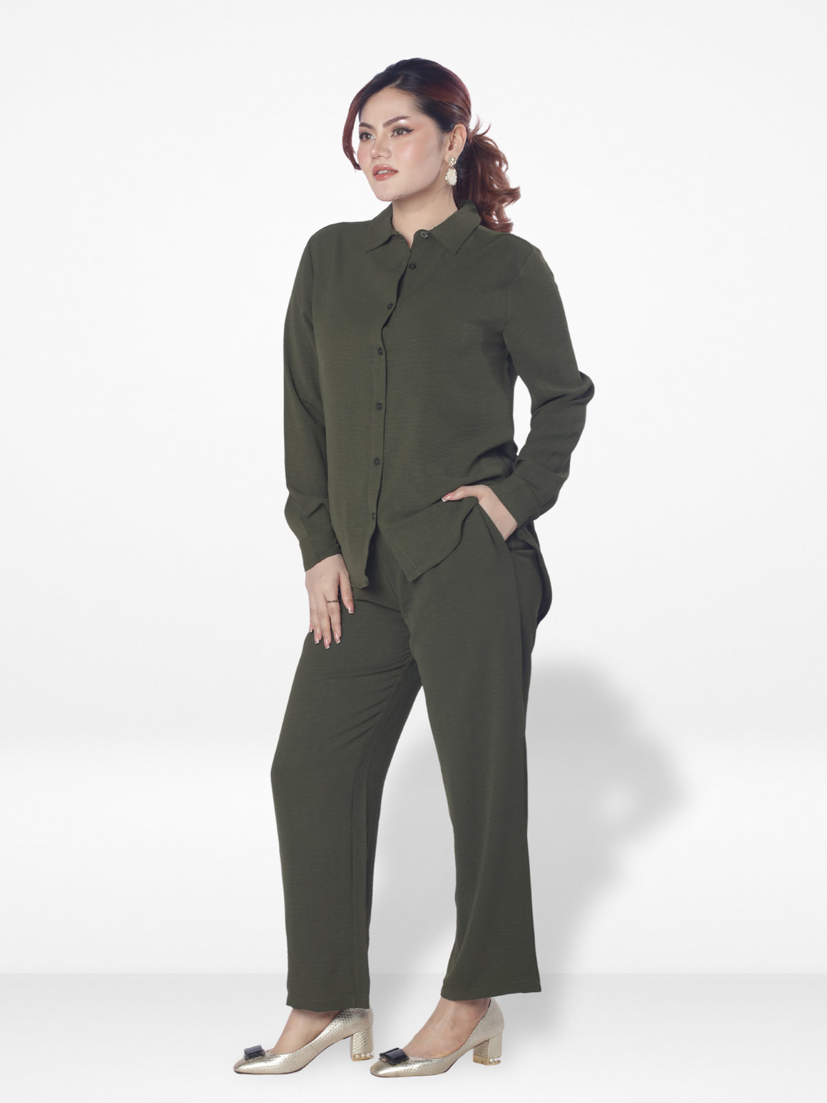 Women Solid Color Co-Ord Set| Long Sleeve| Olive