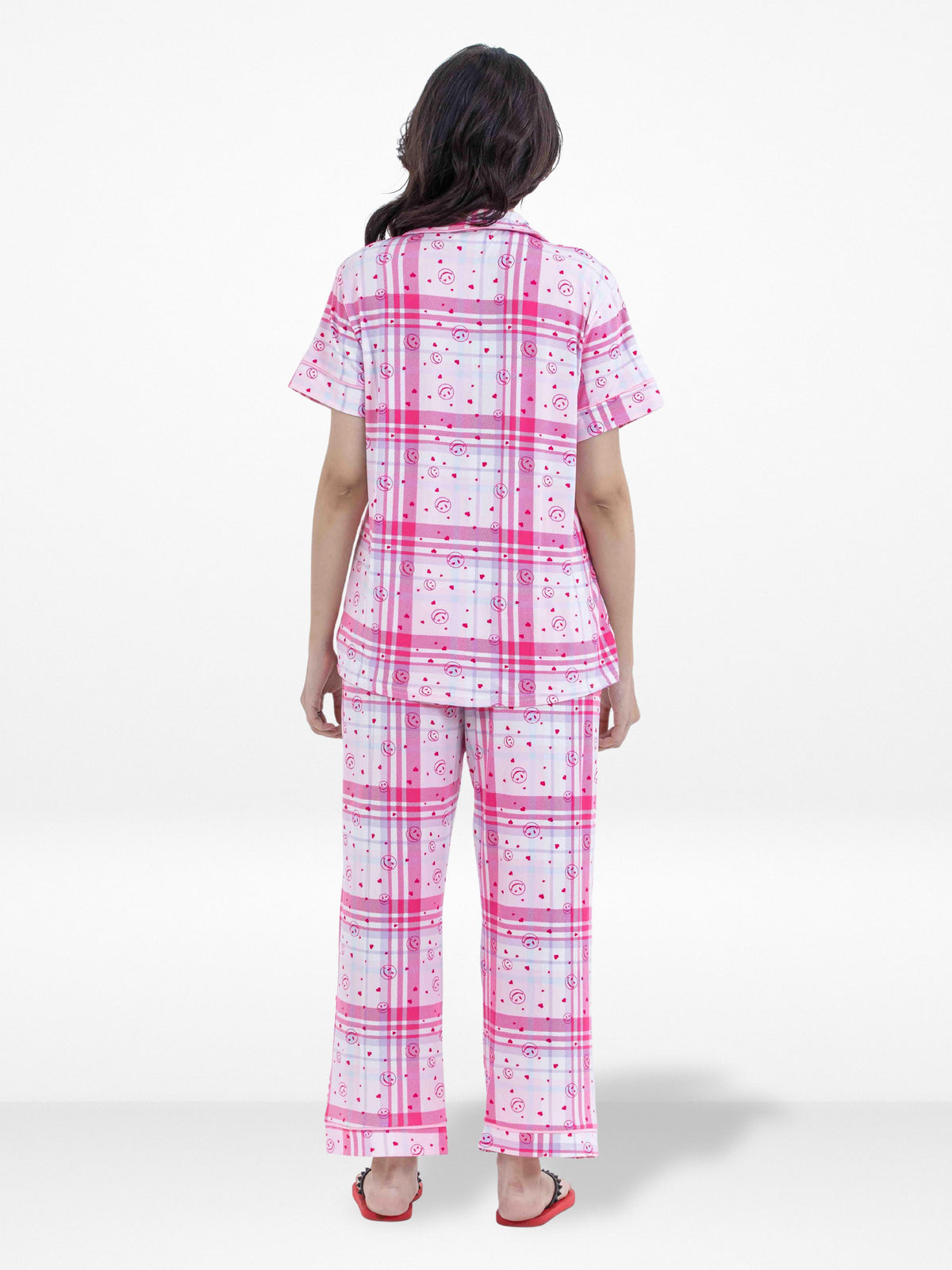 Women Pink Plaid Printed Pyjama Set, Night wear Dress Women's Check Printed Night Suit Set Shirt & Pyjama | Soft Nightwear Dress, 2 Piece Sleepwear for Women,