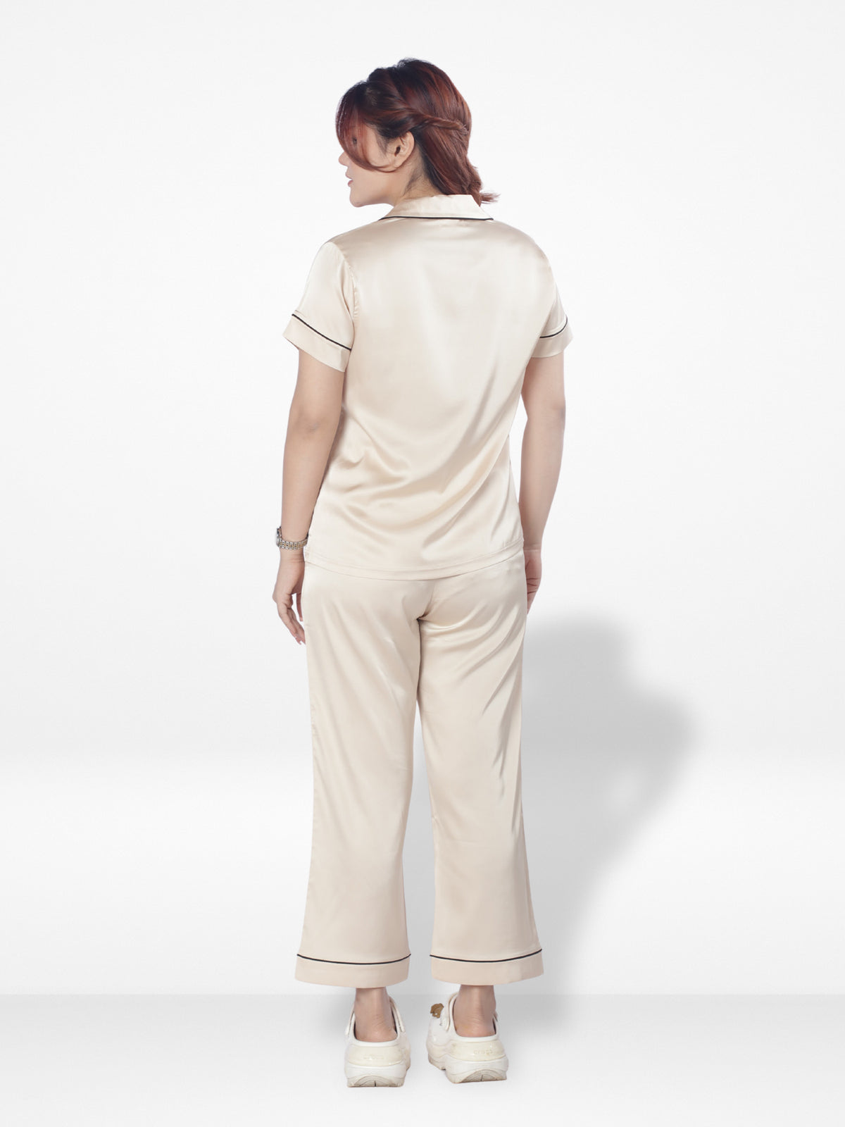 Satin Pajama Set for Women - Contrast Piping, Notch Collar, Button Down, Short Sleeve Long Pant