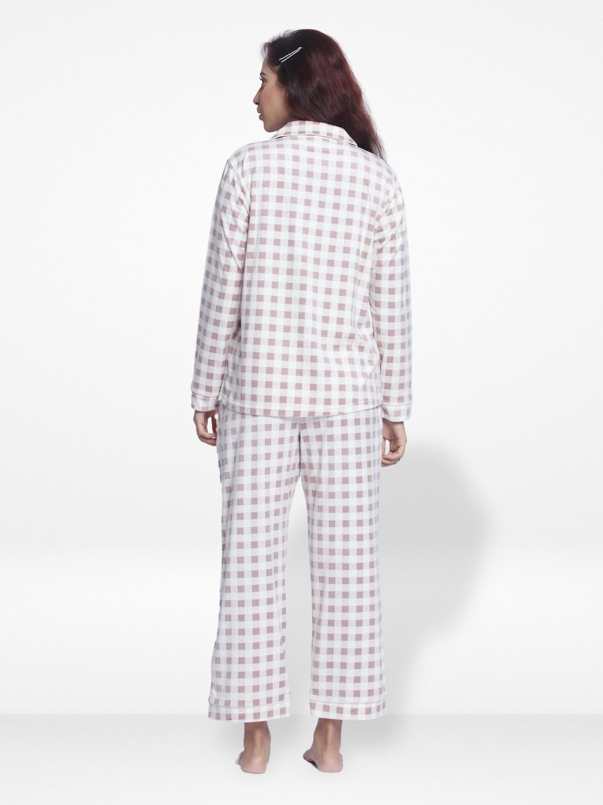 Women Velour Sleepwear Long Sleeve White Check Pyjama Set