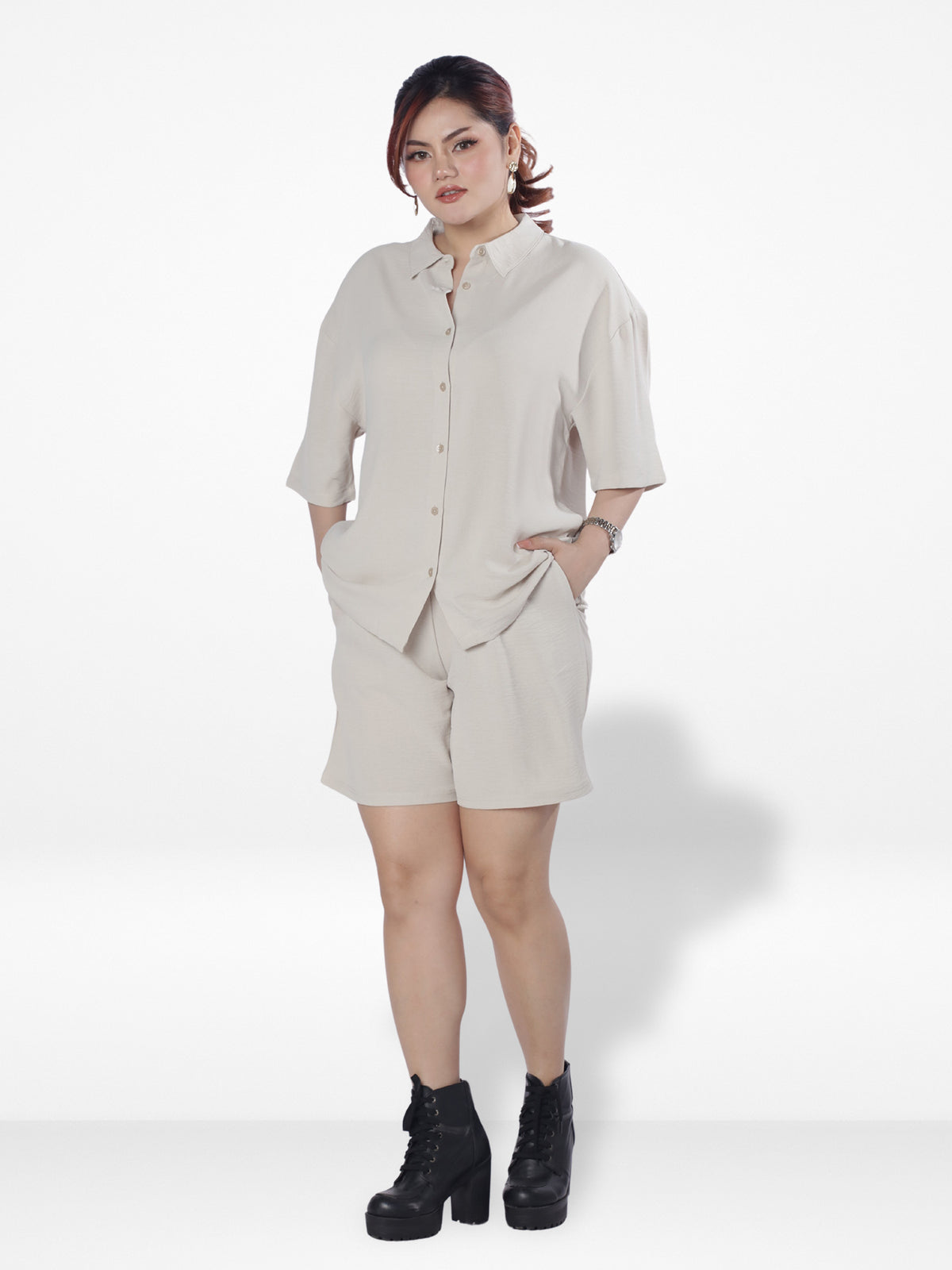 Women Solid Color Co-Ord Set| Short Sleeve| Beige