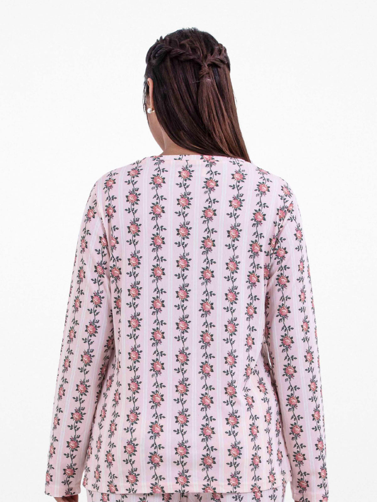 Women’s Long-Sleeve Crew Neck Pajama Top | All-Over Print Sleepwear Shirt | Soft & Stretchy Yummy Rib Fabric | Lounge Top - Blushing Bride Rose