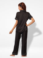 Satin Pajama Set for Women - Contrast Piping, Notch Collar, Button Down, Short Sleeve & Long Pant