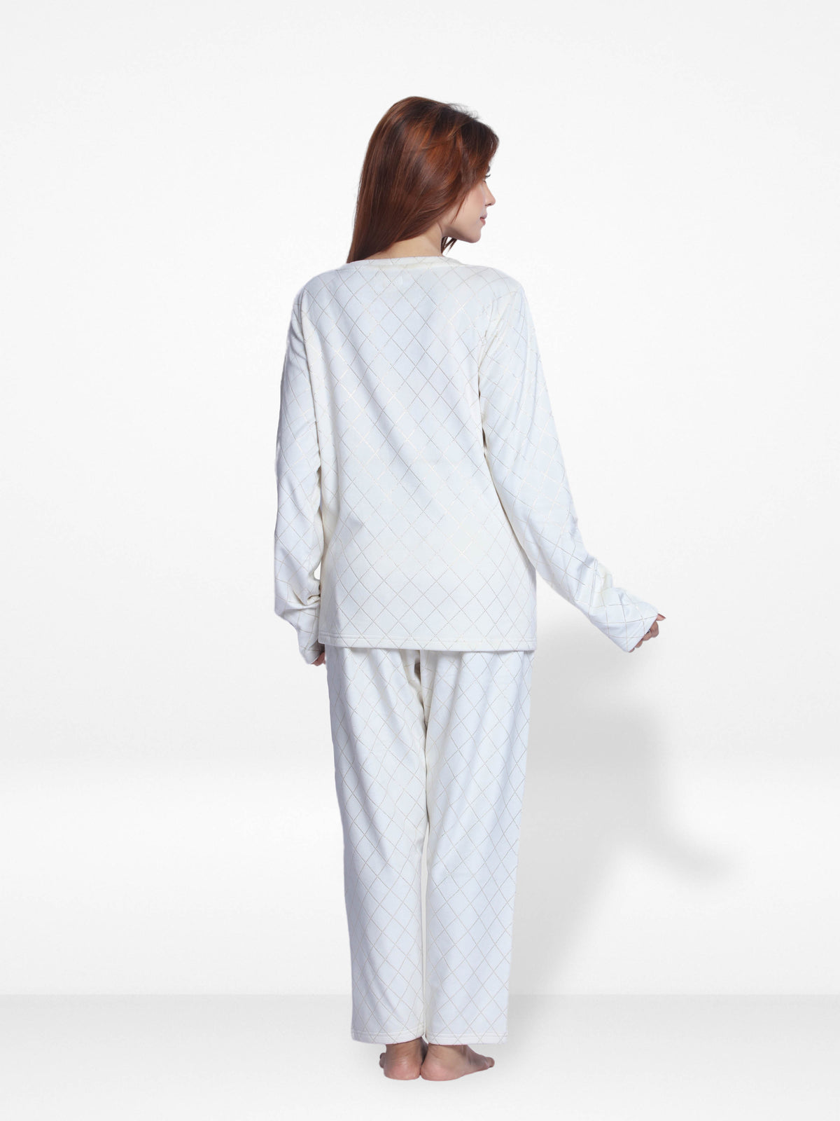 Women Velour Sleepwear Long Sleeve Pyjama Set White Foil Print