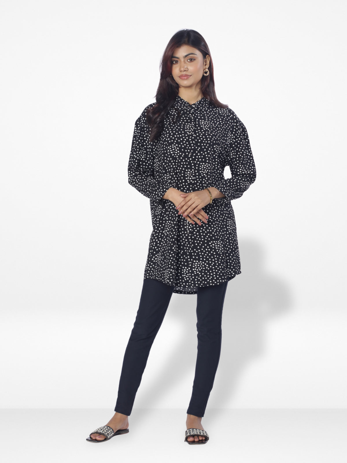 Women Harts Dot Printed Long Top| Black