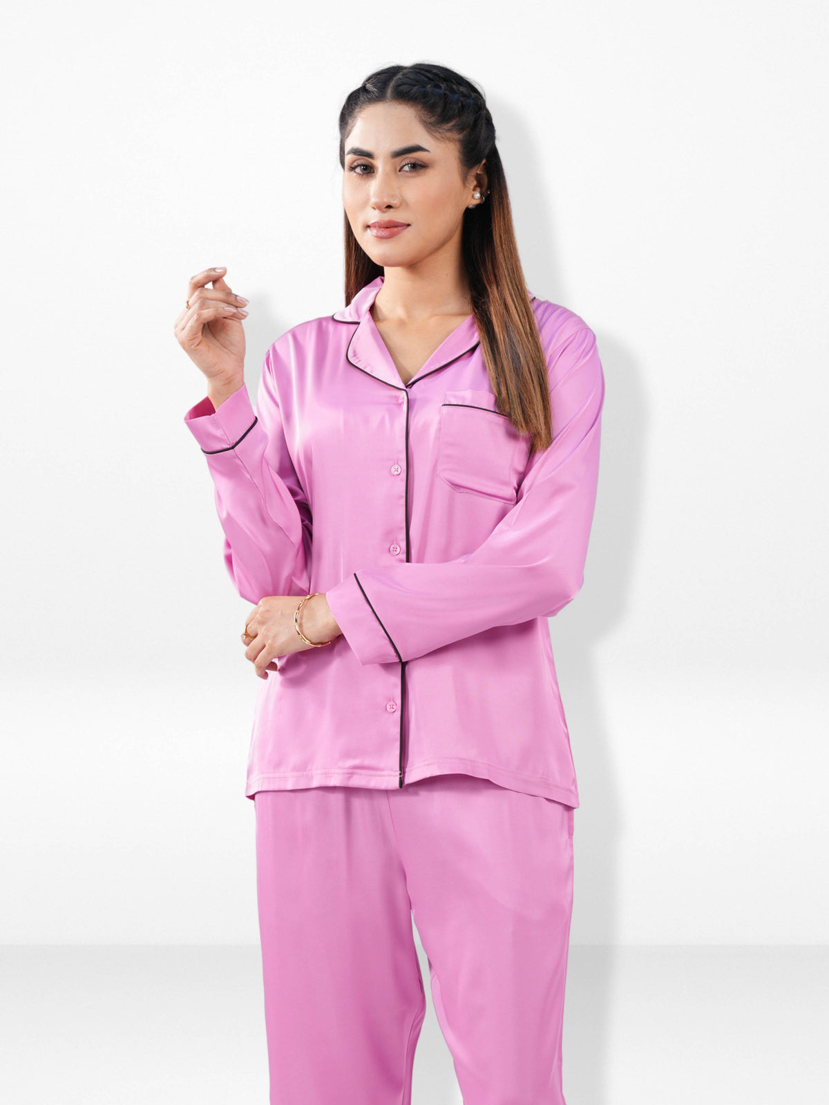 Satin Pajama Set for Women - Contrast Piping, Notch Collar, Button Down, Long Sleeve Long Pant