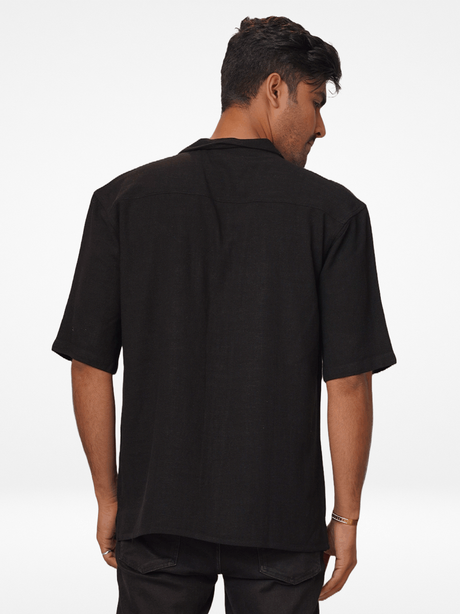 Men's Half-Sleeve Relaxed-Fit Casual Cuban Collar Shirt Black