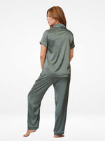 Satin Pajama Set for Women - Contrast Piping, Notch Collar, Button Down, Short SleeveLong Pant