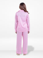 Women’s Satin Pink striped Pajama Set – Long Sleeve Button Down with Notch Collar & Contrast Piping | 2 Piece Silk Sleepwear with Long Pants