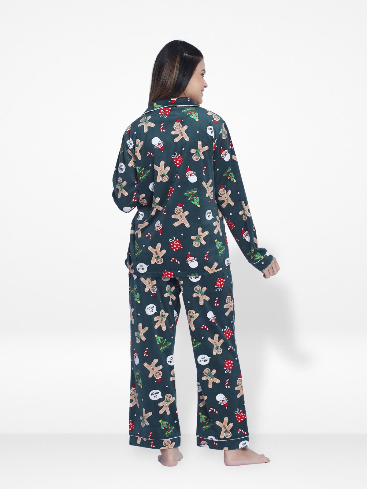 Women Velour Sleepwear Long Sleeve Dark Green AopPyjama Set