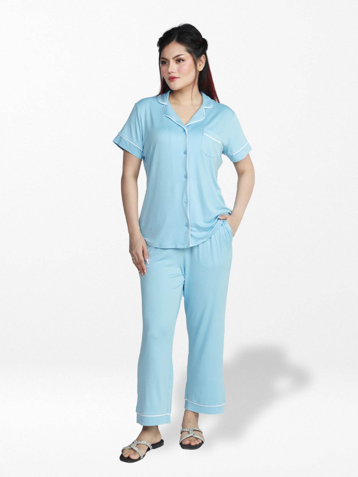 Women Solid Night Suit Set of Shirt & Pyjama, Night wear DressWomen’s Printed Night Suit Set – Shirt & Pyjama | Soft Nightwear Dress, 2 Piece Sleepwear for Women, Comfortable Loungewear