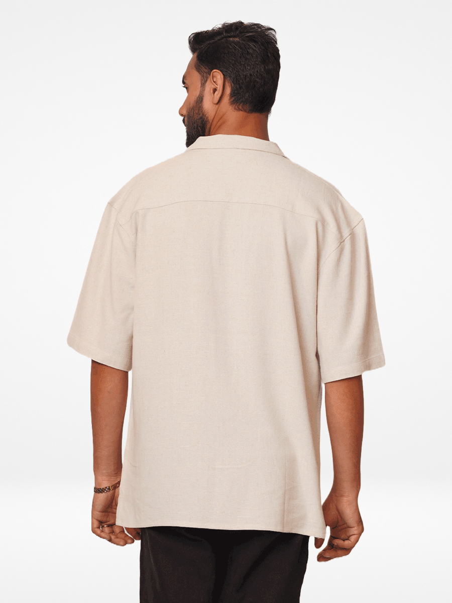 Men's Half-Sleeve Relaxed-Fit Casual Cuban Collar Shirt Beige