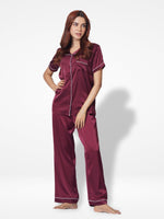 Satin Pajama Set for Women - Contrast Piping, Notch Collar, Button Down, Short Sleeve Long Pant