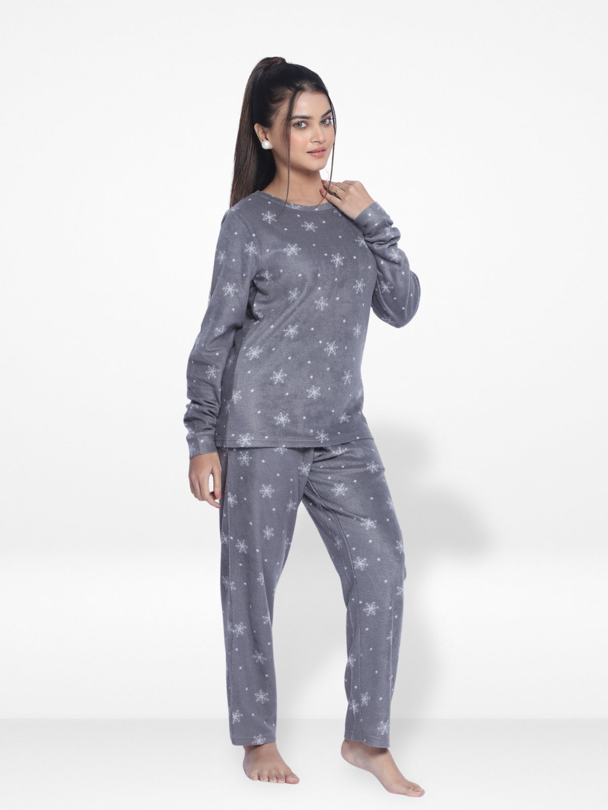 Women's Micro Polar Fleece Star Print Crew Neck Long Sleeve Pyjama Set