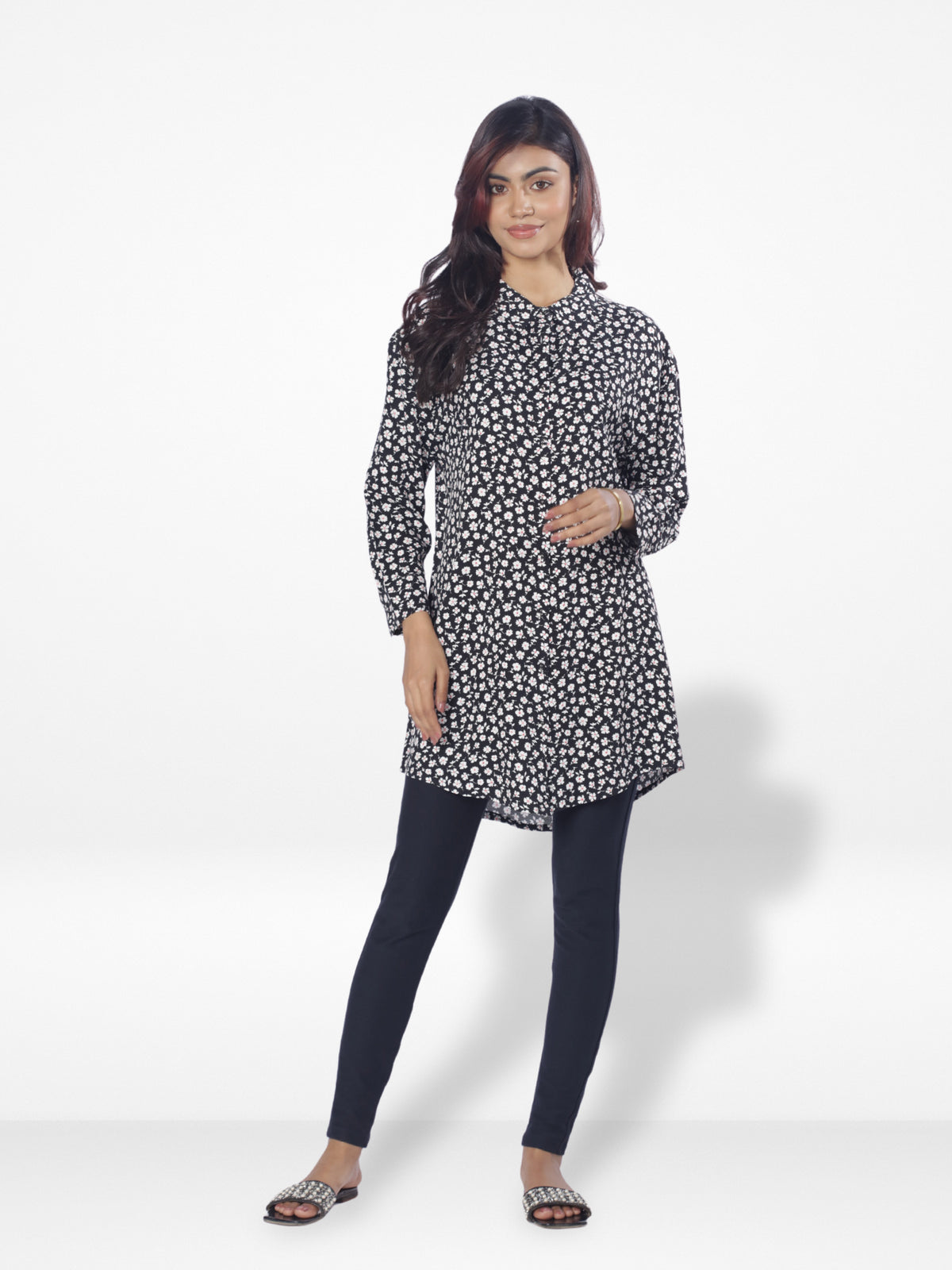 Women Flower Printed Long Top| Black Flower