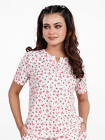 Women’s Henley Short Sleeve Pajama Top | Printed Sleepwear Shirt | Soft Stretch Yummy Rib Fabric | Casual Lounge Top for Women - Egret