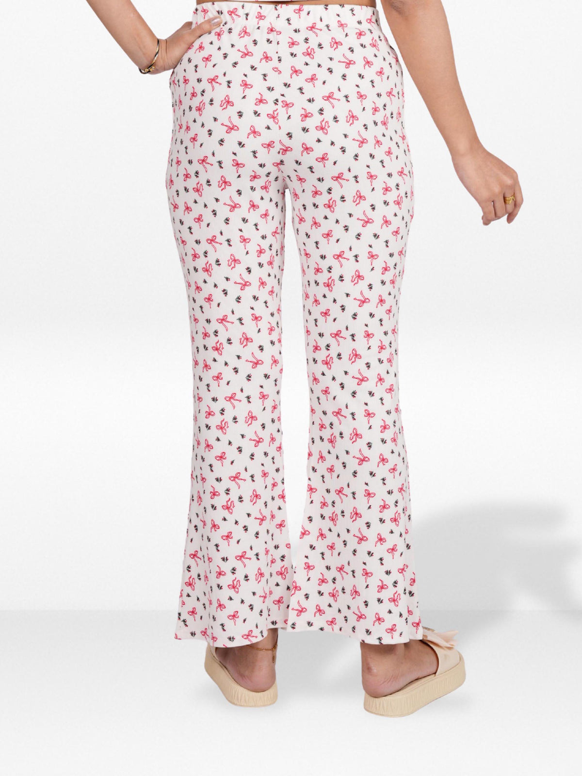 Women’s Printed Palazzo Pants | Wide Leg Lounge Trousers for Women | Soft Stretch Yummy Rib Fabric | Casual & Party Wear Bottoms - Egret