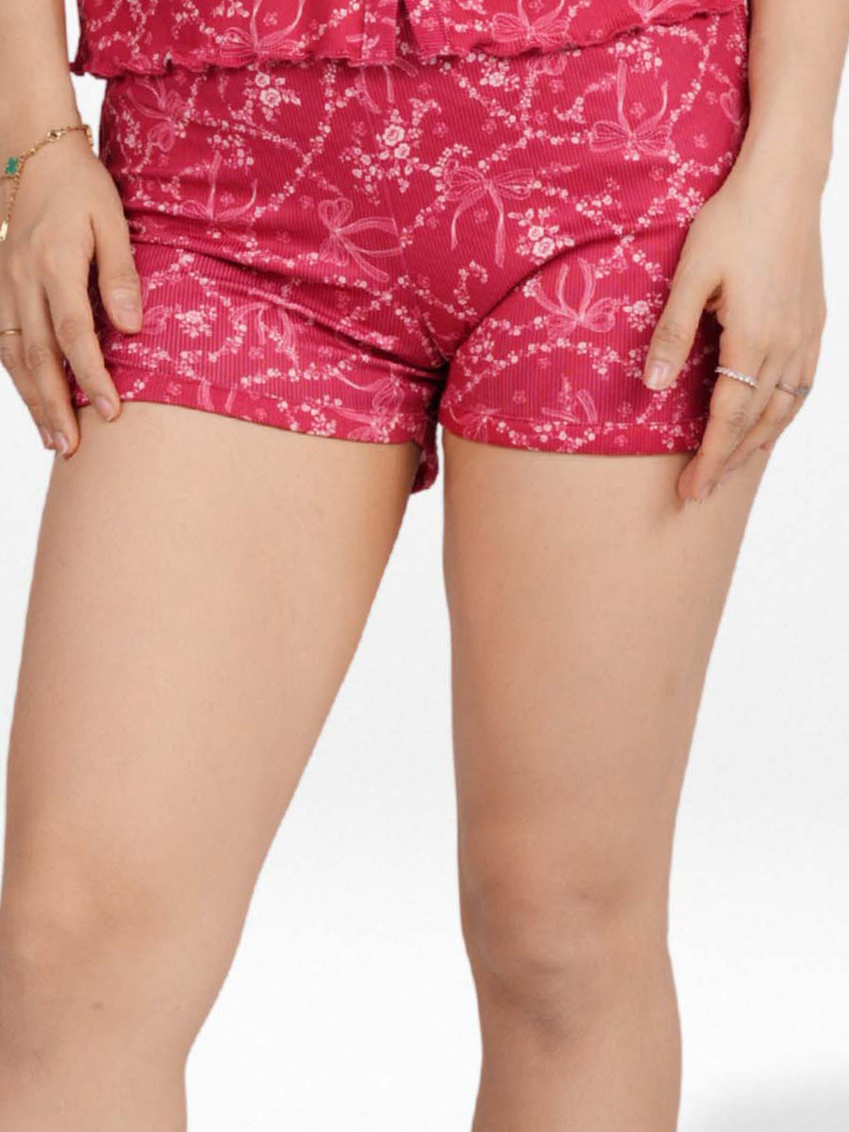 Women’s Printed Pajama Shorts | Soft & Stretchy Sleepwear Shorts | Elastic Waist Lounge Shorts | Yummy Rib Fabric - Crimson