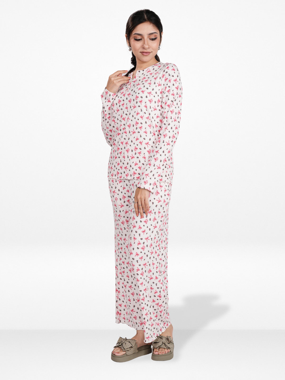 Women’s Henley Sleepwear Set – Long Sleeve Printed Pajama Top & Shorts | Soft Lightweight 2-Piece Nightwear