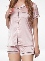 Satin Pajama Set for Women - Contrast Piping, Notch Collar, Button Down, Short Sleeve & Short Pant