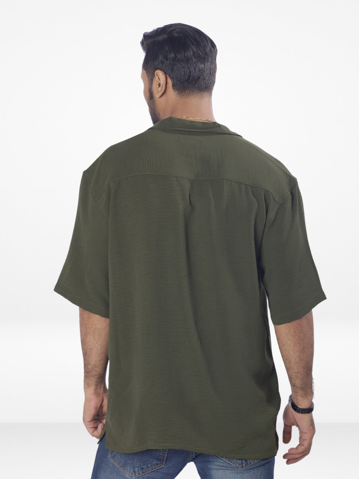 Men's Half-Sleeve Relaxed-Fit Casual Cuban Collar Shirt| OLIVE