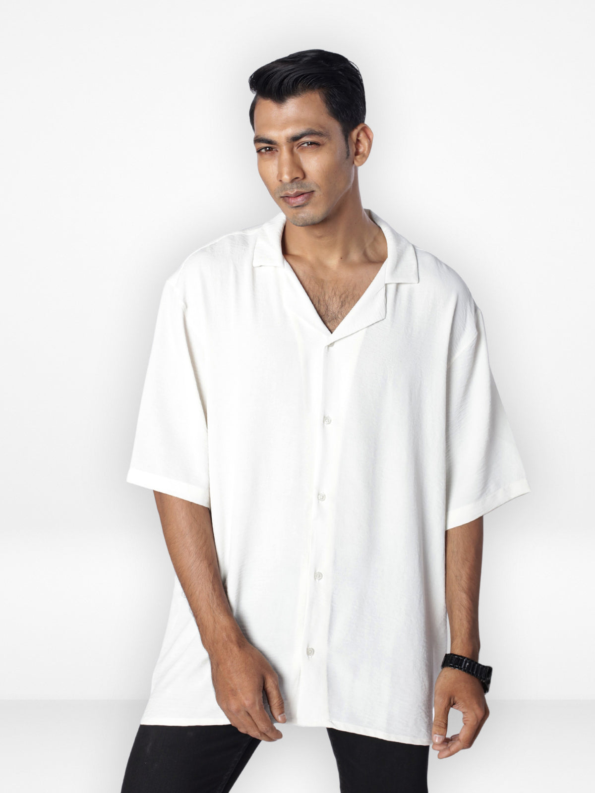 Men's Half-Sleeve Relaxed-Fit Casual Cuban Collar Shirt| OFF WHITE