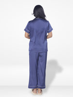 Satin Pajama Set for Women - Contrast Piping, Notch Collar, Button Down, Short Sleeve Long Pant