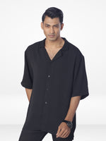 Men's Half-Sleeve Relaxed-Fit Casual Cuban Collar Shirt| BLACK